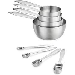 Measuring Cups and Spoons Set of 8 piece in 18/8 (304) Stainless Steel, Pan Shaped Measuring Cups and Narrow Measuring Spoons for Dry and Liquid Ingredients.