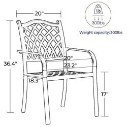 CW Chair Stackable Outdoor Patio Dining Chairs Rust-Free Cast Aluminum Frame with Arms, Lattice Weave Design Metal Furniture Set for Lawn Garden Backyard, Set of 2, Dark Brown