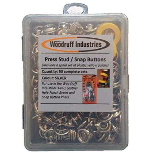 Woodruff Industries 50 Complete Sets Metal Snap (Press Stud) Buttons Rounded Fasteners Sewing Rivet Buttons for Clothing and Leather Snap Closing Fasteners Arts and Crafts Poppers Tool Silver 200 Comp