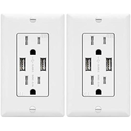 TOPGREENER 3.1A USB Outlet, USB Wall Outlet, 15A TR Receptacle, for iPhone XS/MAX/XR/X/8/7/6s/Plus, iPad, LG, HTC and more, Compatible Samsung Galaxy S9/S8/S7/S6, Note9/8/7 and more, 2-Pack, White