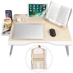 Laptop Bed Table, NEARPOW XXL Bed Trays for Eating, Laptops, Writing, Study and Drawing- Laptop Desk for Bed, Sofa and Couch- Folding Laptop Standwith Portable Book Stand and Drawer Storage - Wood