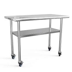 Stainless Steel Prep Table 48x24 Inches Commercial Work Table Food Metal Table Heavy Duty Kitchen Garage Tables Worktables and Workstations Sandwich Top with 4 Caster Wheels