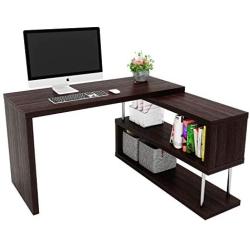 Bestier Rotating L Shaped Computer Desk, 51'' Large Corner Office Desk with Open 2 Tier Storage Shelves, Lightweight Sturdy Hollow-Core Board Gaming L Desk Workstation for Home Office, Brown