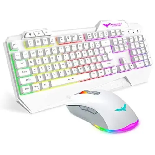 Havit Keyboard Rainbow Backlit Wired Gaming Keyboard Mouse Combo, LED 104 Keys USB Ergonomic Wrist Rest Keyboard, 4800 DPI Mouse for PC Gamer (White)
