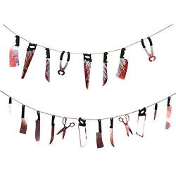 Lakuku 20PCS Halloween Decorations Bloody Weapons Horror Scary Metallic Butcher Knife Chainsaw Weapons Haunted House Banners Garland Props Party Supplies (8pcs,12pcs)