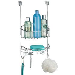 mDesign Modern Metal Wire Over The Bathroom Shower Door Caddy, Hanging Storage Organizer Center with Built-in Hooks and Baskets for Stall/Tub, Holds Shampoo, Body Wash, Loofahs, Razors - Chrome/White