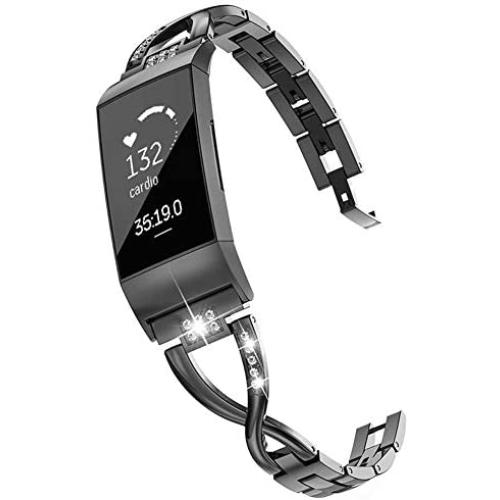 Wearlizer Compatible with Fitbit Charge 3 / Charge 4 Bands for Women Metal Replacement Charge 3 hr Band Strap with Bling Rhinestone Bracelet Bangle for Fitbit Charge 4 Special Edition - Black