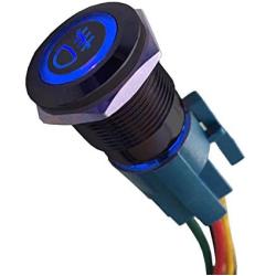 ESUPPORT 12V Car Vehicle Blue LED Light Front Fog Push Button Metal Toggle Switch Socket Plug Wire Latching 19mm Balck Shell