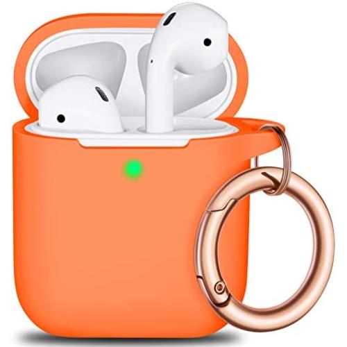 AirPods Case Cover Keychain, Full Protective Silicone AirPods Accessories Skin Cover for Women Girl with Apple AirPods Wireless Charging Case,Front LED Visible-Orange