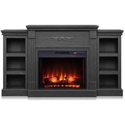 Della 1400-Watt Electric Fireplace in Grey with Built-in Bookshelves and an Enhanced Log Display