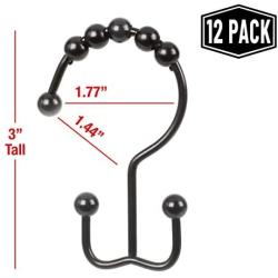 2lbDepot Double Shower Curtain Hooks Rings (Matte Black Decorative Finish) Premium Rust Resistant Stainless Steel Metal Hook, Roller Balls Glide on Shower Rods, Set of 12