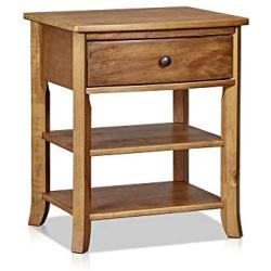 MUSEHOMEINC Rustic Wood 3-Tier Nightstand with Storage Shelf and Drawer for Bedroom or Living Room/Round Metal Knobs/Heritage Collection Furniture/End Table/Side Table, Teak Finish