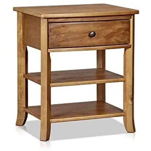 MUSEHOMEINC Rustic Wood 3-Tier Nightstand with Storage Shelf and Drawer for Bedroom or Living Room/Round Metal Knobs/Heritage Collection Furniture/End Table/Side Table, Teak Finish