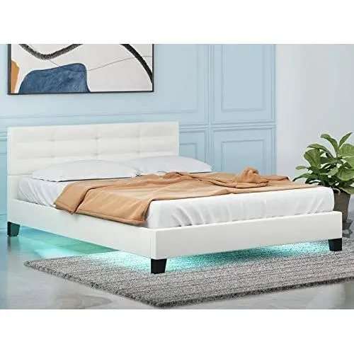 LAGRIMA Full Size LED Bed / Modern Upholstered Faux Leather Bed with 8 Color Changing LED Light / 2.8-Inch Solid Wooden Slats Support / White, Full LAGRIMA Full Size LED Bed / Modern Upholstered Faux Leather Bed with 8 Color Changing LED Light / 2.8-Inch Solid Wooden Slats Support / White, Full