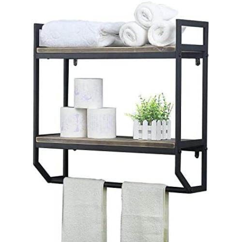 Weven Industrial Metal 23.6'' Bathroom Shelves Wall Mounted,2-Tier Rustic Wall Shelf Over Toilet,Towel Rack with Towel Bar,Floating Shelf Towel Holder,Black