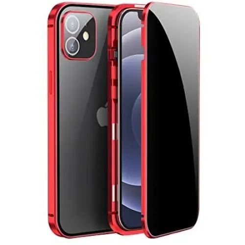 Jonwelsy Anti Peeping Case for iPhone 12 (6.1 Inch), Double-Sided Anti Spy Tempered Glass Privacy, 360 Degree Protection Cover, Magnetic Adsorption Metal Bumper for iPhone 12 (Red)