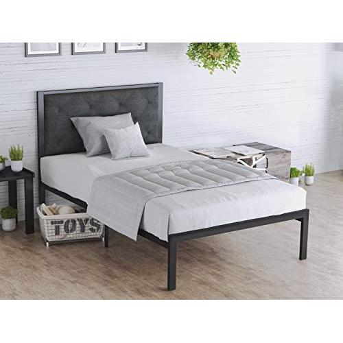 Amolife Twin Size Upholstered Platform Bed/Metal Bed Frame with Headboard/Strong Steal Slats Support/Mattress Foundation/No Box Spring Needed/Easy Assembly, Dark Grey (Twin)