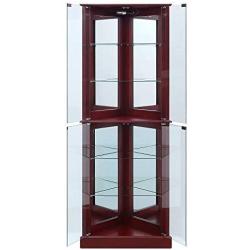 BELLEZE Woody Lighted Corner Curio Cabinet Tempered Glass Door 6 Shelves, Cherry