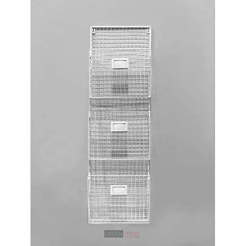 Designstyles Wall Hanging 3 Tier File Holder - Wall Mounted Metal Wire Magazine Rack - Office Folder Organizer with Name Tag Slot, White