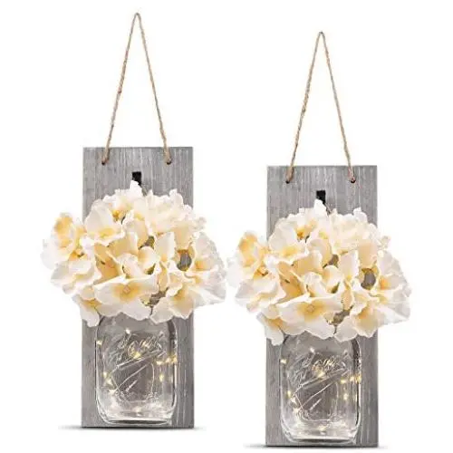 HOMKO Decorative Mason Jar Wall Decor - Rustic Wall Sconces with 6-Hour Timer LED Fairy Lights and Flowers - Farmhouse Home Decor (Set of 2) HOMKO Decorative Mason Jar Wall Decor - Rustic Wall Sconces with 6-Hour Timer LED Fairy Lights and Flowers - Farmhouse Home Decor (Set of 2)