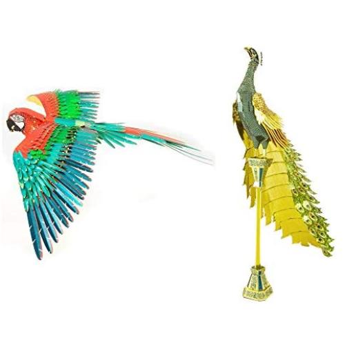 Fascinations Metal Earth ICONX 3D Metal Model Kits Set of 2 - Peacock and Jubilee Macaw Parrot