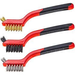 3-Piece Cleaning Brush Detailing Wire Brush Set, Brass, Stainless Steel, and Nylon, Heavy Duty, Crimped Scratch Brush, Extra Cluster of Bristles for Hard-to-Reach Areas, Length 7”.