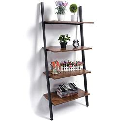 KINGSO Industrial Ladder Shelf 4-Tier Bookshelf Leaning Storage Rack Shelves for Living Room Kitchen Home Office Metal Frame Stable Sloping Ladder Shelves Leaning Against The Wall, Rustic Brown