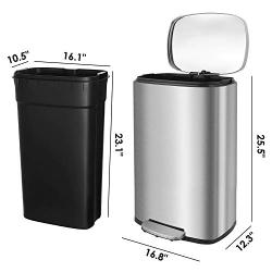 HEMBOR 13.2 Gallon(50L) Trash Can, Stainless Steel Rectangular Garbage Bin with Lid and Inner Bucket, Silent Gentle Open and Close Dustbin with Durable Pedal, Suit for Home Office Indoor Outdoor