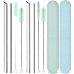 Reusable Metal Stainless Steel Straws: 2 Regular Metal Straws + 2 Metal Boba Straws + 2 Wheat Cases + 4 Cleaning Brushes + 1 Pouch, Portable for Personal Use, 8.5 inches (Blue&Green)