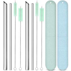 Reusable Metal Stainless Steel Straws: 2 Regular Metal Straws + 2 Metal Boba Straws + 2 Wheat Cases + 4 Cleaning Brushes + 1 Pouch, Portable for Personal Use, 8.5 inches (Blue&Green)