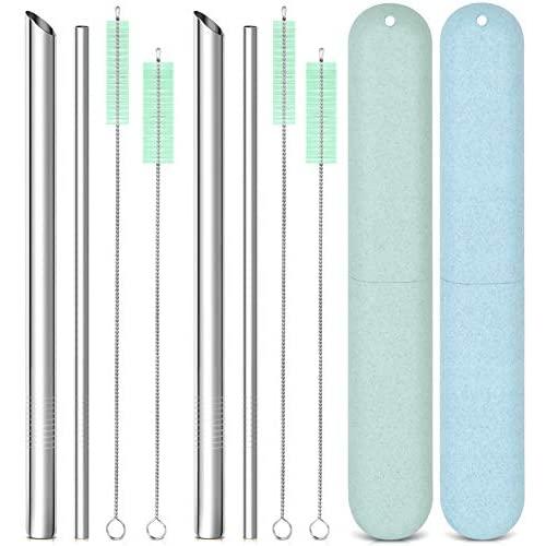 Reusable Metal Stainless Steel Straws: 2 Regular Metal Straws + 2 Metal Boba Straws + 2 Wheat Cases + 4 Cleaning Brushes + 1 Pouch, Portable for Personal Use, 8.5 inches (Blue&Green)