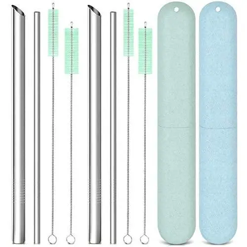 Reusable Metal Stainless Steel Straws: 2 Regular Metal Straws + 2 Metal Boba Straws + 2 Wheat Cases + 4 Cleaning Brushes + 1 Pouch, Portable for Personal Use, 8.5 inches (Blue&Green)