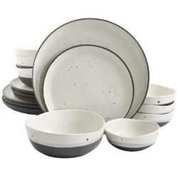 Gibson Elite Rhinebeck Round Reactive Glaze Double Bowl Stoneware Dinnerware Set, Service for Four (16pcs), White and Black