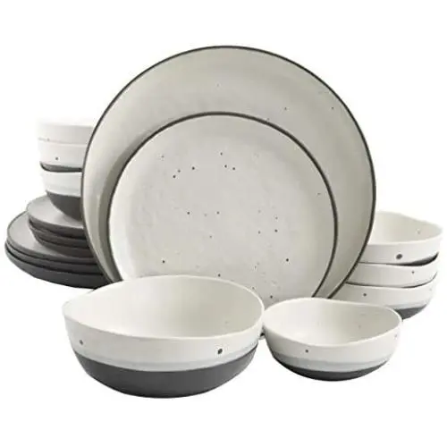 Gibson Elite Rhinebeck Round Reactive Glaze Double Bowl Stoneware Dinnerware Set, Service for Four (16pcs), White and Black Gibson Elite Rhinebeck Round Reactive Glaze Double Bowl Stoneware Dinnerware Set, Service for Four (16pcs), White and Black