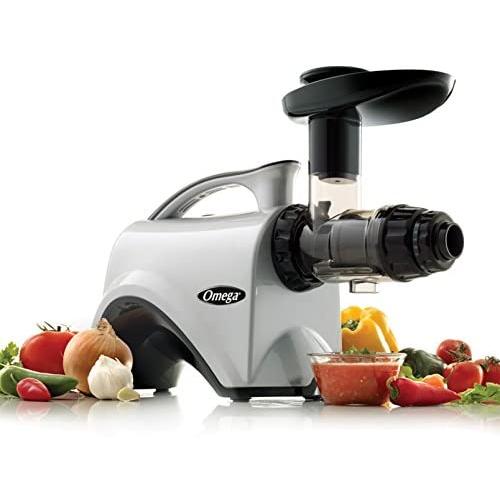 Omega NC800HDS Juicer Extractor and Nutrition System Creates Fruit Vegetable and Wheatgrass Juice Quiet Motor Slow Masticating Dual-Stage Extraction with Adjustable Settings, 150-Watt, Silver