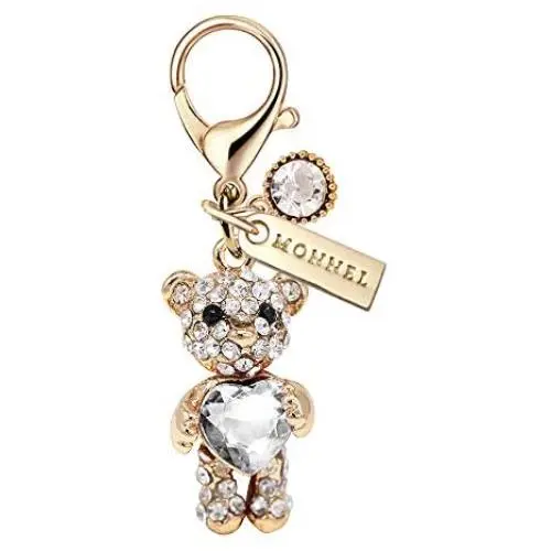 MC107 New Arrival Crystal Clear Heart Teddy Bear with Lobster Clasp Charm Pendant with Pouch Bag (1 Piece)