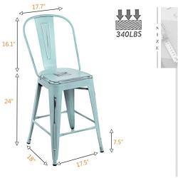 YOUNIKE Metal Bar Stools with High Back 24 Inches Set of 4 Stackable Modern Industrial Distressed Metal Counter Height Indoor Outdoor Kitchen Chairs Green-Blue