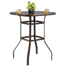 VINGLI Outdoor Bar Table Bistro Table Metal Frame Patio Bar Table, Tempered Glass Table Top All Weather Outdoor Bar Height (Brown)