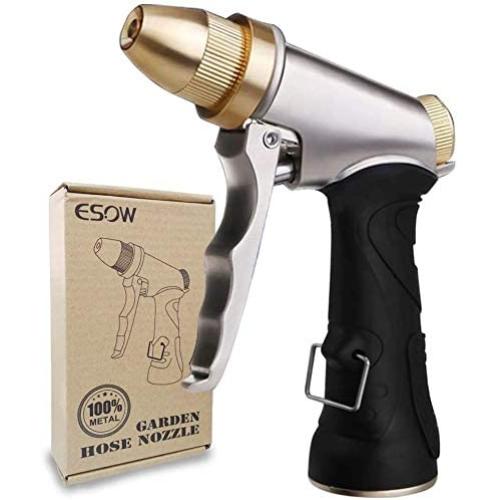 ESOW Garden Hose Nozzle 100% Heavy Duty Metal, Full Brass Nozzle & ABS Non-slip Ergonomic Grip, 4 Watering Patterns, High Pressure Metal Spray Gun for Watering Plants, Car Wash and Showering Dog