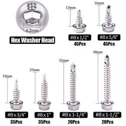 Hilitchi 410 Stainless Steel #8 Hex Washer Head Self Drilling Sheet Metal Tek Screws Assortment Kit Set with Drill Point, Self Driller, 200 Pieces