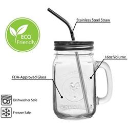 Mason Jar Mugs with Glass Handles and Metal Straws, Brimley 16oz Drinking Glasses Set of 4