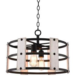 Kira Home Madera 17'' 4-Light Modern Farmhouse Chandelier + Wood and Metal Round Shade, 2 Wood Panel Styles (White Ash/Walnut), Coarse Black Finish