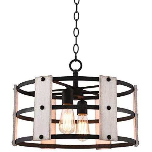 Kira Home Madera 17'' 4-Light Modern Farmhouse Chandelier + Wood and Metal Round Shade, 2 Wood Panel Styles (White Ash/Walnut), Coarse Black Finish