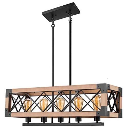 Pynsseu Rectangle Wood Metal Vintage Pendant Light, Industrial Kitchen Island Hanging Pendant Lighting with 5 Lamp Socket, Rustic Farmhouse Pendant Lamp.