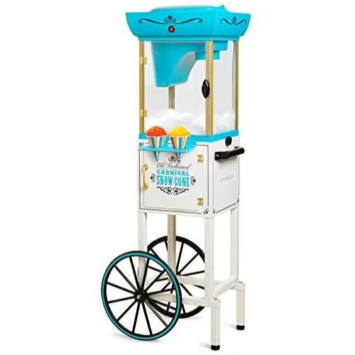 Nostalgia Inch Tall Snow Cone Cart, Metal Scoop Makes 48 Icy Treats, Includes Storage Compartment, Wheels For Easy Mobility – White/Blue