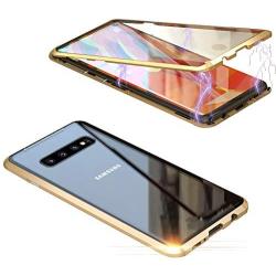 Jonwelsy Magnetic Adsorption Case for Samsung Galaxy S10, 360 Degree Front and Back Clear Tempered Glass Flip Cover, Metal Bumper Frame for Samsung Galaxy S10 (Gold)