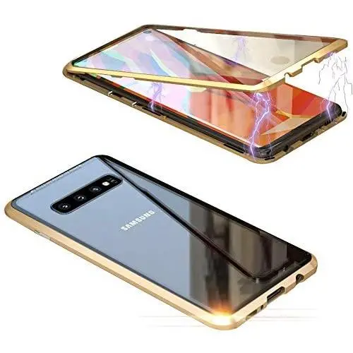 Jonwelsy Magnetic Adsorption Case for Samsung Galaxy S10, 360 Degree Front and Back Clear Tempered Glass Flip Cover, Metal Bumper Frame for Samsung Galaxy S10 (Gold)