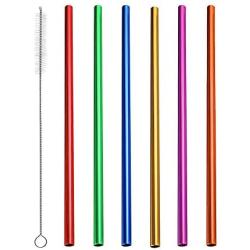 6Pcs Reusable Metal Straws, Drinking Straws, Aluminum Straws, Smoothies Straws, Wide Straws, Rainbow Colorful Straws for Party, Included a Cleaning Brush