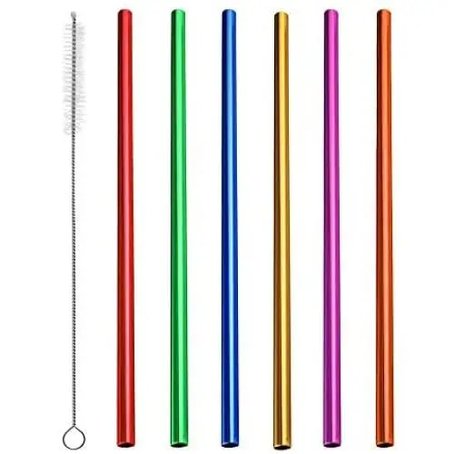 6Pcs Reusable Metal Straws, Drinking Straws, Aluminum Straws, Smoothies Straws, Wide Straws, Rainbow Colorful Straws for Party, Included a Cleaning Brush