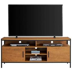 Wide Entertainment Center TV Media Stand by CAFFOZ Furniture Designs | with Two Doors and Storage Shelves | Sturdy | Easy Assembly | Brown Oak Wood Look Accent Furniture with Metal Frame